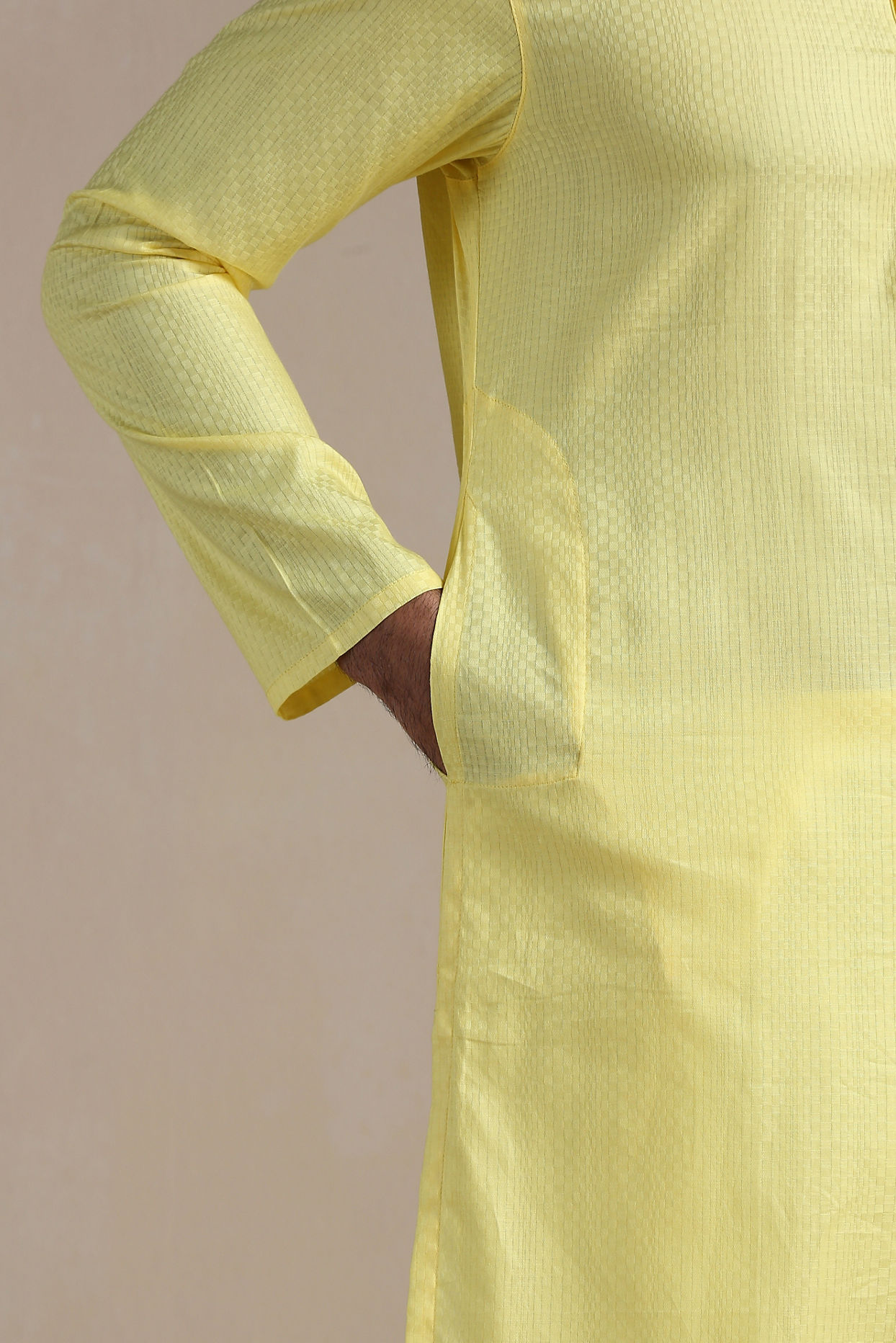 alt message - Manyavar Men Crayola Yellow Self Patterned Kurta Set image number 2